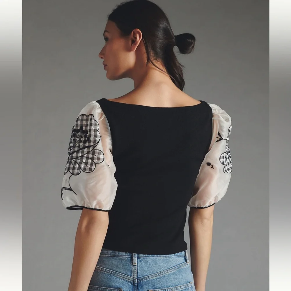 Anthropologie Maeve Silk Puff-Sleeve Sweater Top, M